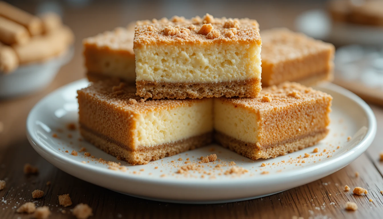 Golden, cinnamon-sugar churro cheesecake bars stacked on a plate with creamy cheesecake layers visible.