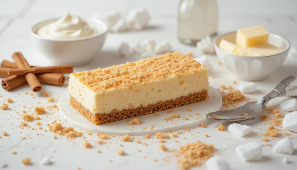 Churro cheesecake bar surrounded by nutritious ingredients like cream cheese, cinnamon, and butter highlighting health benefits.