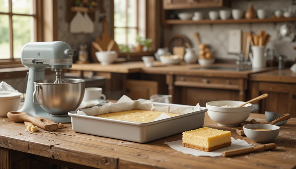 Essential baking tools for making churro cheesecake bars, including baking pan, mixer, spatula, and measuring spoons.