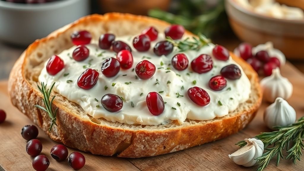 Ingredients for cranberry goat cheese sourdough including sourdough loaf, goat cheese, cranberries, garlic, rosemary, and thyme.