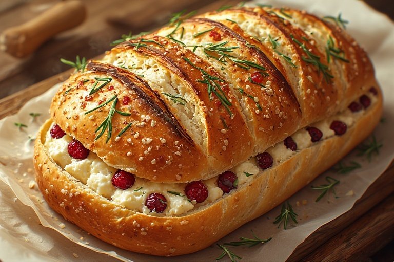 Freshly baked cranberry goat cheese sourdough loaf with melted cheese, cranberries, and fresh herbs on parchment paper.