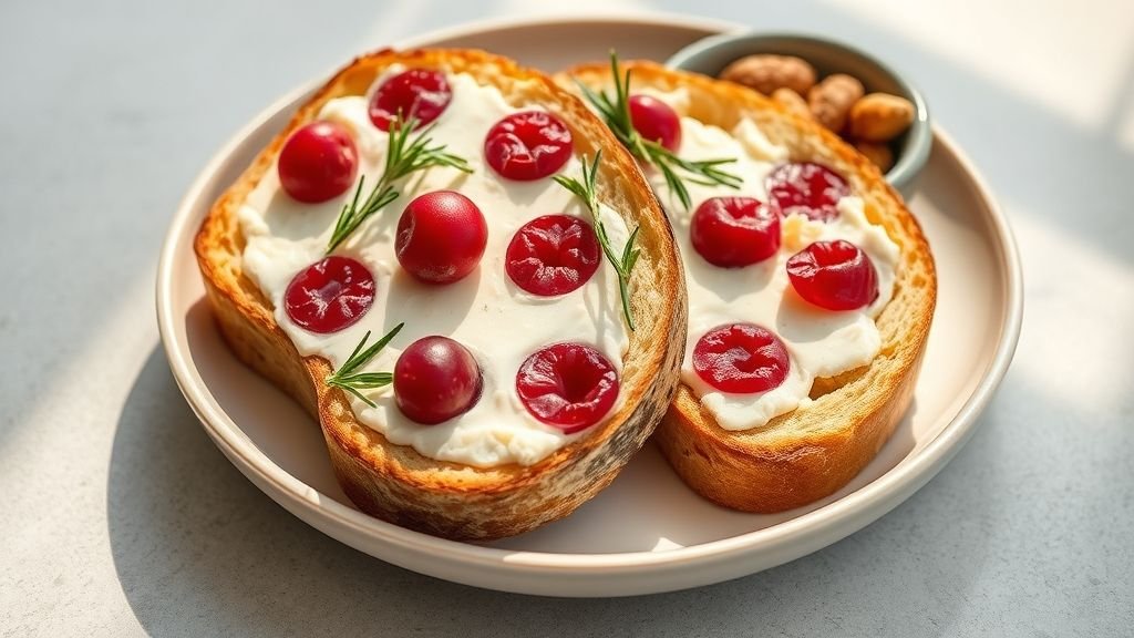 Slices of cranberry goat cheese sourdough with melted cheese, cranberries, and herbs served on a ceramic plate.