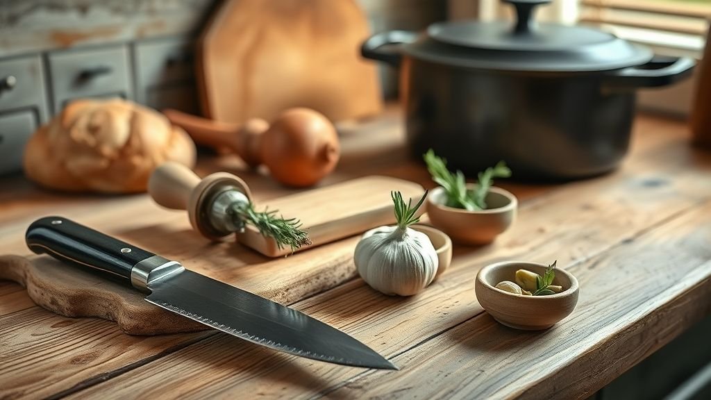 Rustic sourdough baking tools including bread knife, garlic press, ceramic bowls with herbs, and Dutch oven on a wooden counter.