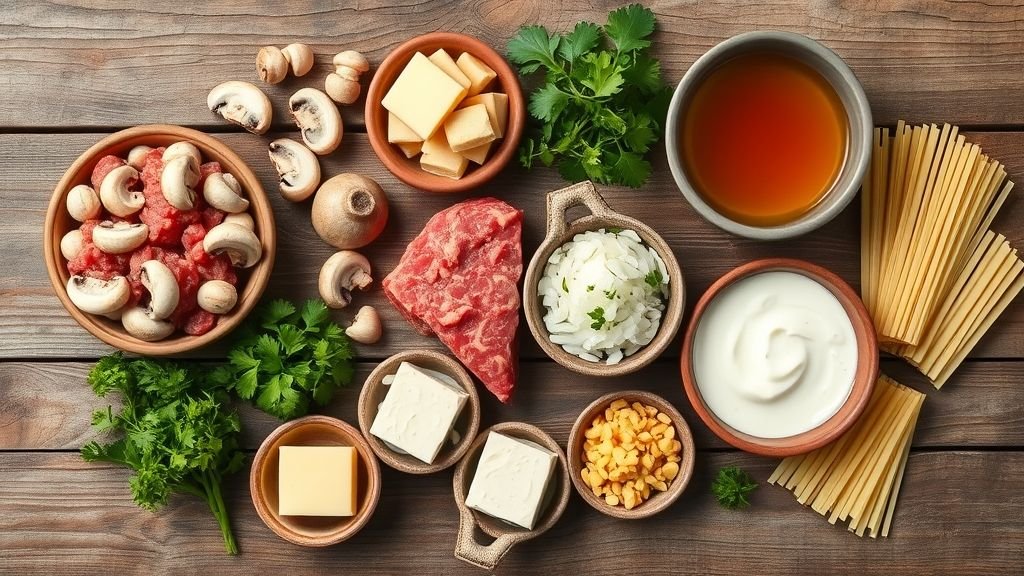 Fresh ingredients for creamy meatball stroganoff including mushrooms, beef, onion, and sour cream