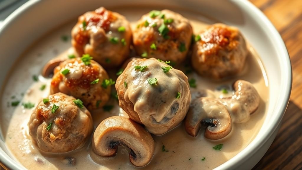 Creamy meatball stroganoff with mushroom sauce and parsley garnish