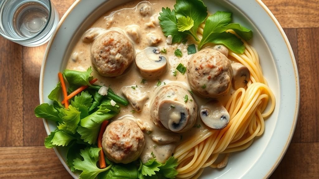 Balanced serving of creamy meatball stroganoff with salad showing nutritious benefits