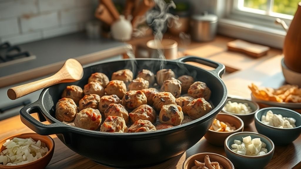 Cast iron skillet with meatballs cooking for creamy stroganoff