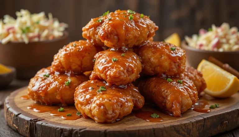 Close-up of crispy baked hot honey chicken pieces with a sweet and spicy honey glaze served on a wooden board.