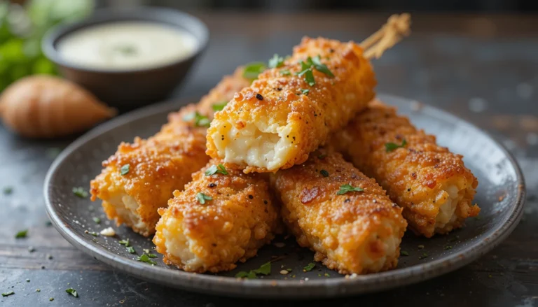 Close-up of crispy homemade mozzarella sticks with melted cheese and marinara dipping sauce.