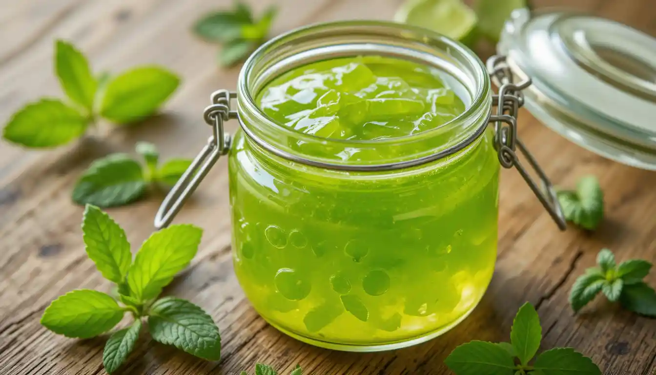 Glass jar of homemade fresh mint jelly with mint leaves beside it, glowing under natural light.