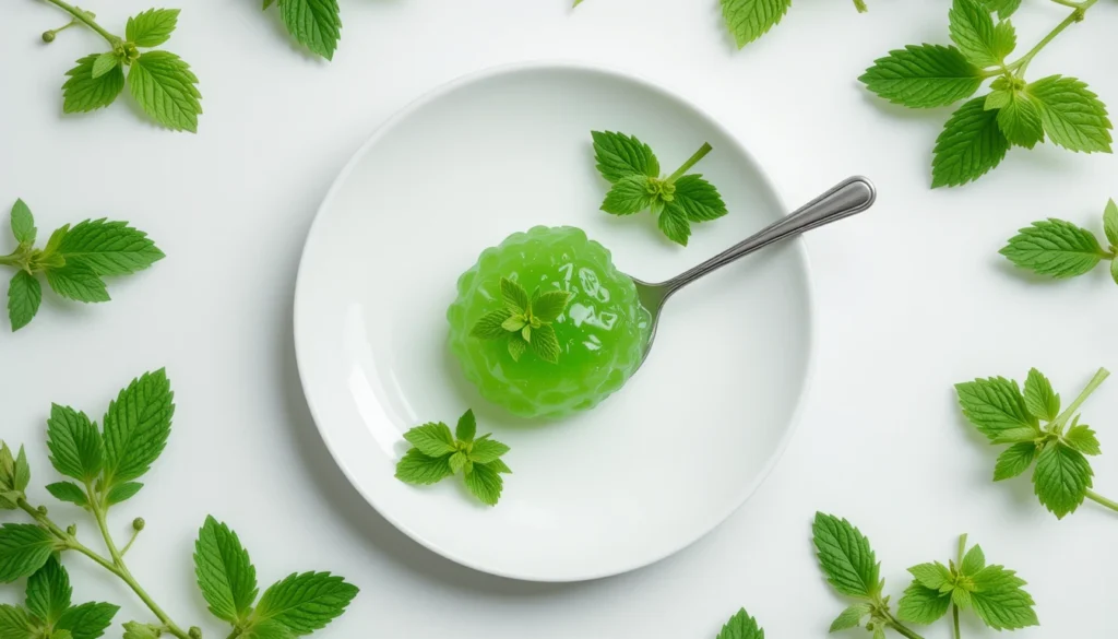 Teaspoon of fresh mint jelly on a plate with mint leaves, representing nutrition and health benefits.