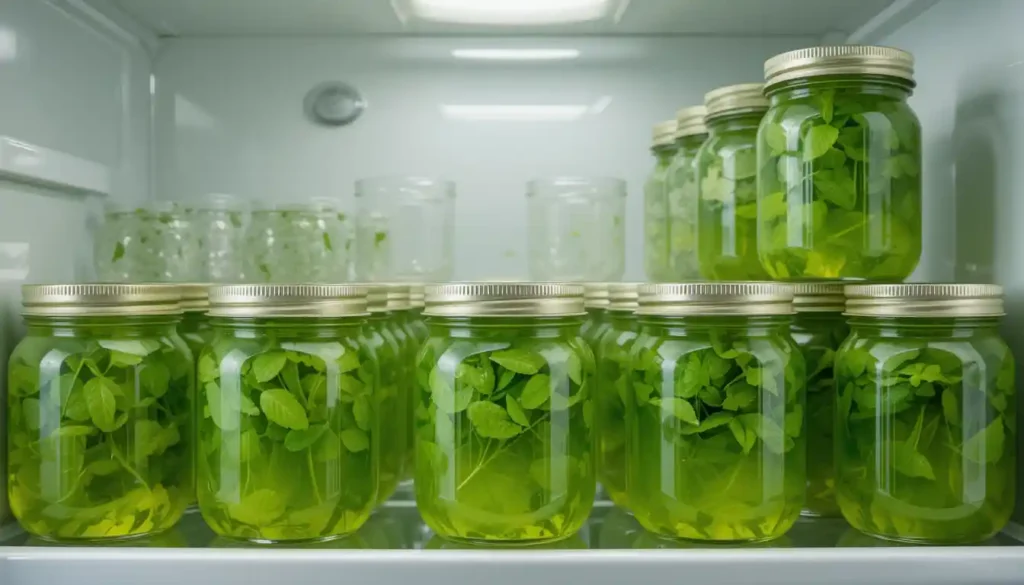 Sealed glass jars of fresh mint jelly stored in refrigerator and pantry for long-term preservation.