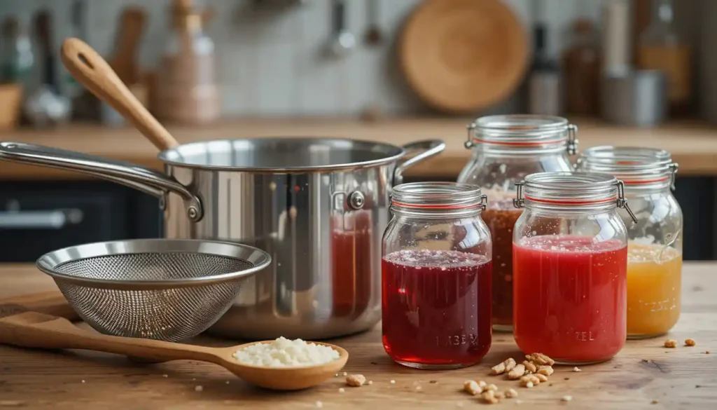 Essential tools for making fresh mint jelly, including saucepan, strainer, wooden spoon, and glass jars.