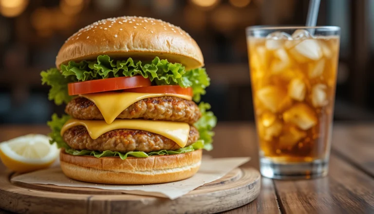 Close-up of a juicy homemade chicken burger with fresh toppings served alongside a chilled soft drink on a wooden board.