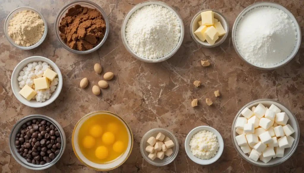 Ingredients for ghost brownies including cocoa powder, flour, eggs, butter, sugar, chocolate chips, and marshmallows.