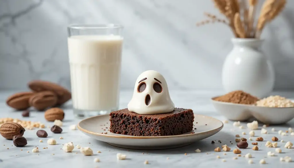 Ghost brownies served with milk, styled to highlight nutrition and wholesome ingredients.