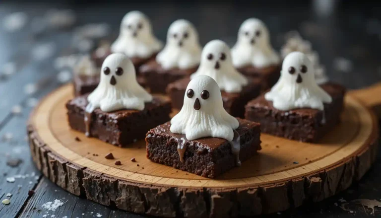 Close-up of ghost brownies with marshmallow ghosts on top of rich chocolate brownies.