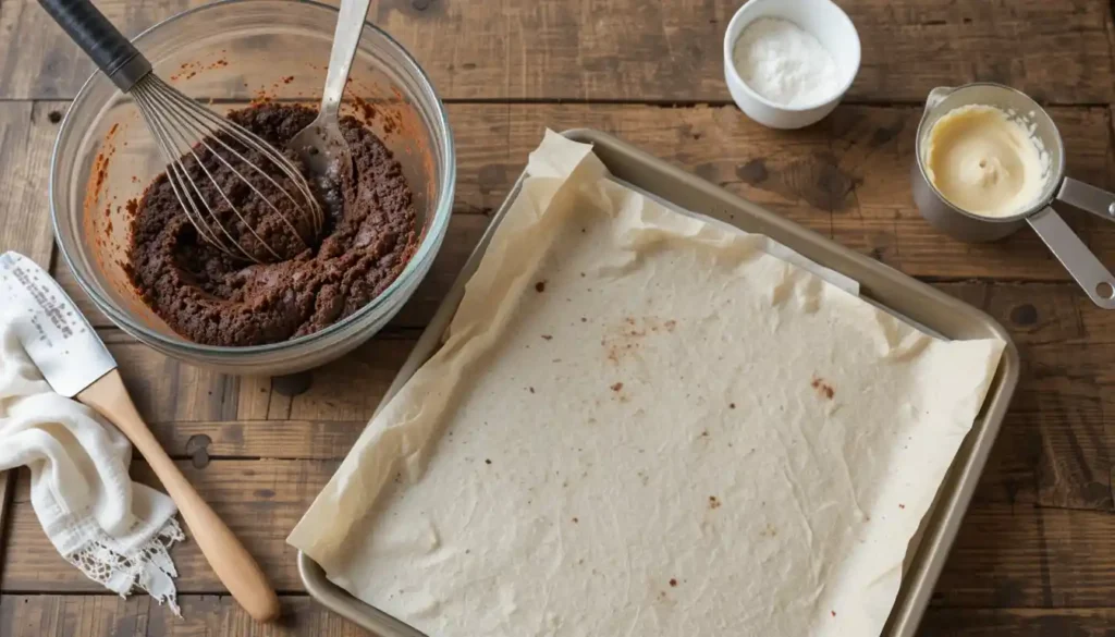 Baking tools for making ghost brownies including mixing bowl, whisk, spatula, and parchment-lined tray.