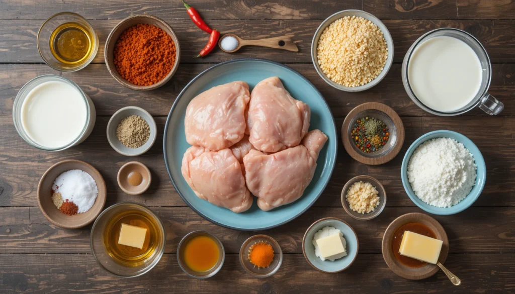 Top-down view of fresh ingredients for crispy baked hot honey chicken including chicken, honey, hot sauce, breadcrumbs, and spices.
