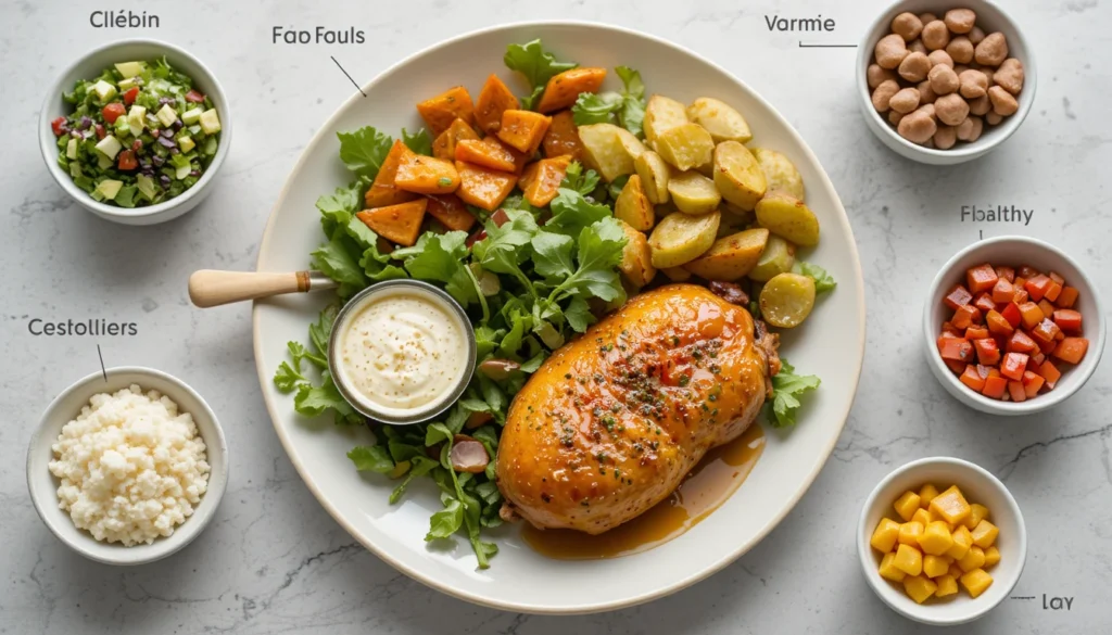 Healthy balanced plate featuring baked hot honey chicken with sides, showcasing protein-rich, nutrient-dense benefits.