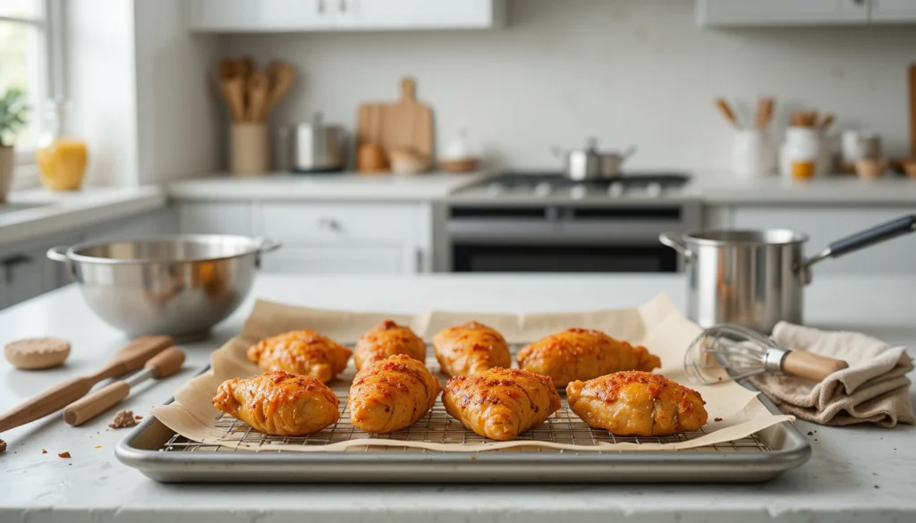 Kitchen setup with essential tools for making crispy baked hot honey chicken, including baking sheet, wire rack, whisk, and pastry brush.