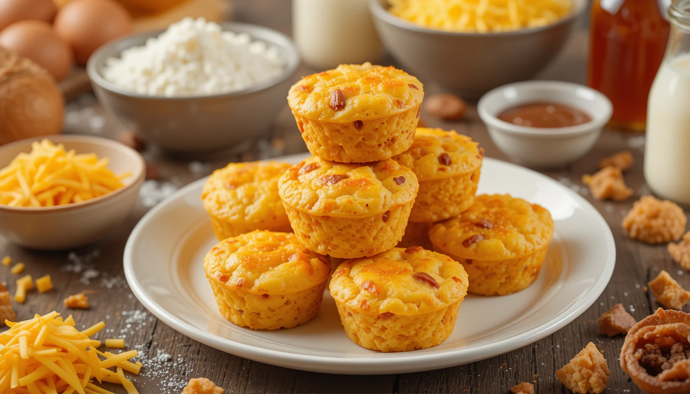 Freshly baked McGriddle Bites stacked on a plate, made with sausage, egg, and melted cheese in golden muffin cups.
