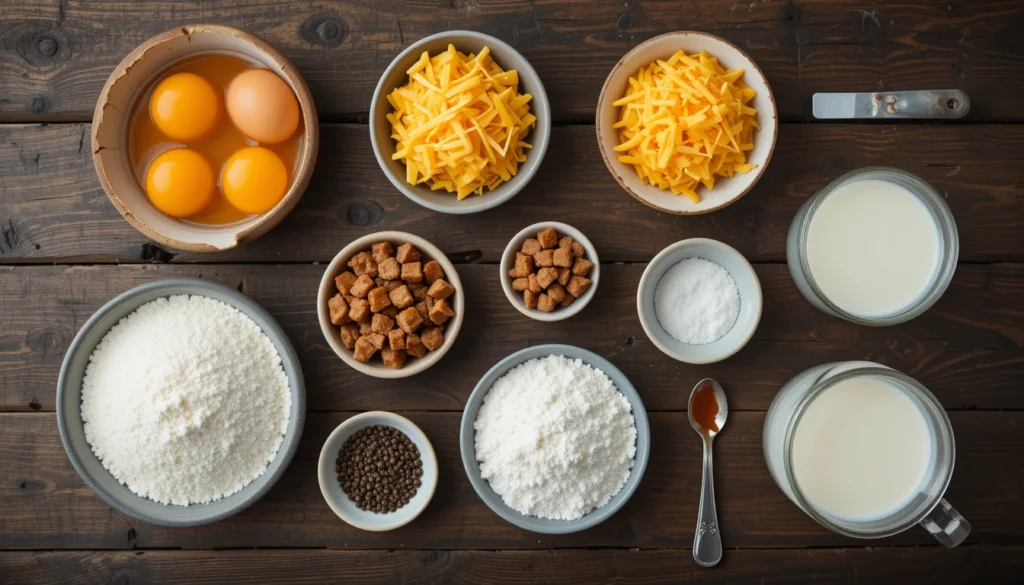 Ingredients for McGriddle Bites including sausage, scrambled eggs, shredded cheese, and muffin batter on a table.