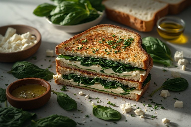 Healthy Mediterranean spinach grilled cheese with nutrient-rich ingredients like spinach, feta, and olive oil displayed around it.