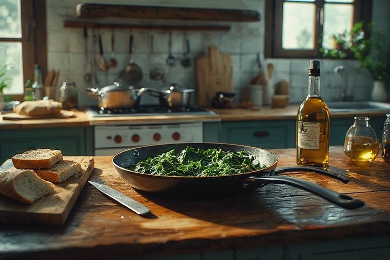 Essential kitchen tools for making Mediterranean spinach grilled cheese, including skillet, spatula, saucepan, and cutting board.