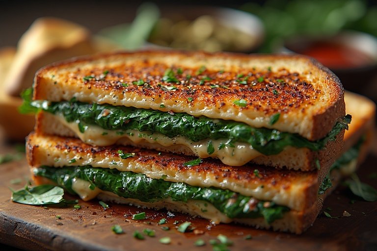 Golden crispy Mediterranean spinach grilled cheese sandwich with melted cheese and spinach layers, served fresh on a wooden board.