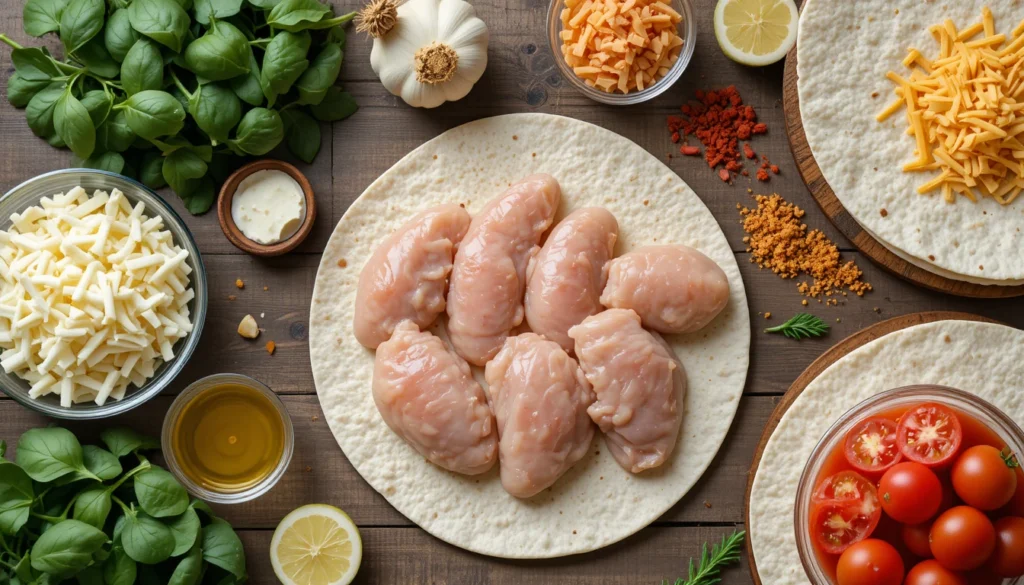 Fresh ingredients for melty garlic chicken wraps including chicken, cheese, tortillas, garlic, and spinach.