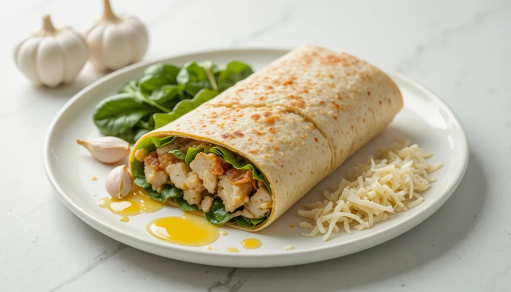 Healthy melty garlic chicken wrap surrounded by nutritious ingredients like garlic, olive oil, and fresh greens.
