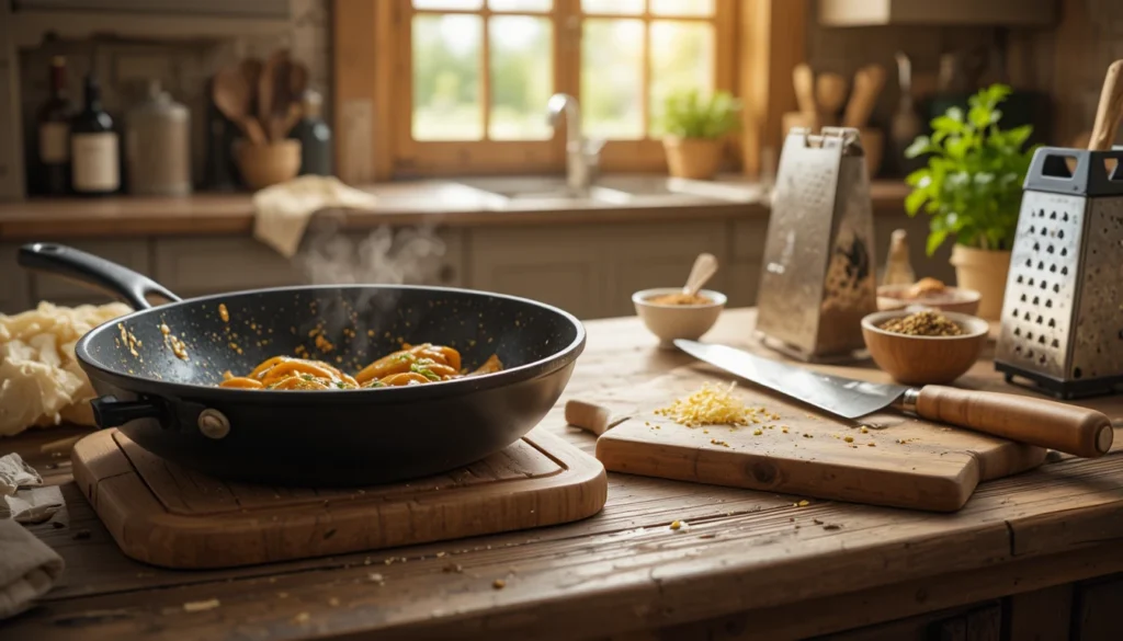 Essential cooking tools for making melty garlic chicken wraps, including skillet, spatula, knife, and cutting board.