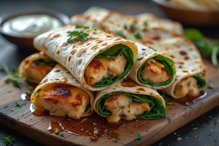 Golden toasted melty garlic chicken wraps with juicy chicken, melted cheese, and spinach on a wooden board.