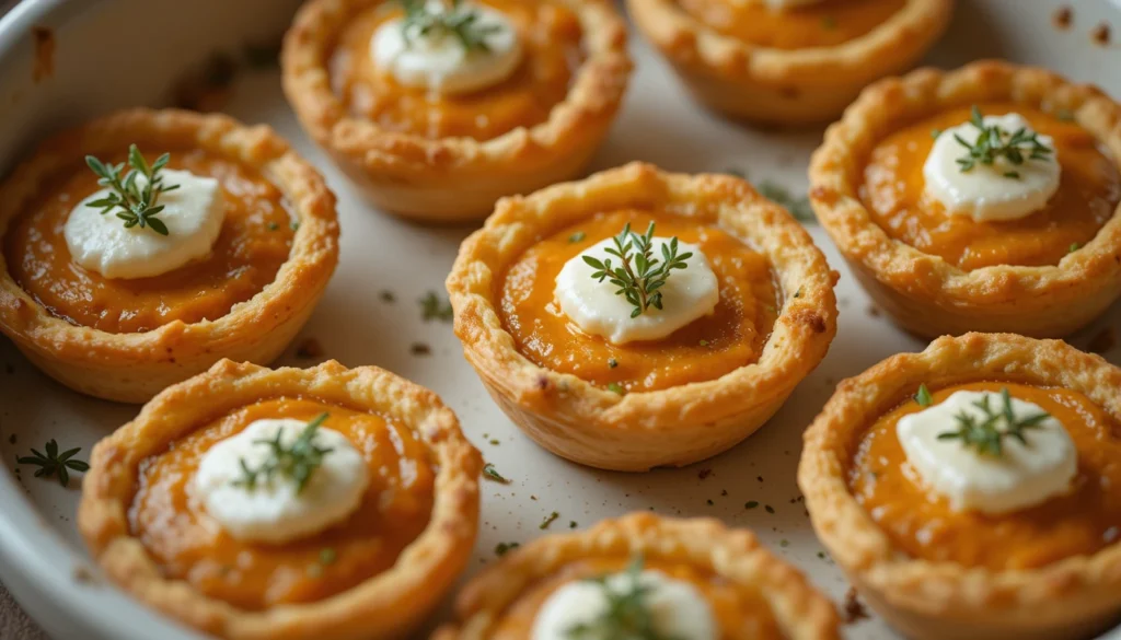 Freshly baked mini pumpkin goat cheese tartlets with golden pastry, creamy pumpkin filling, and thyme garnish.