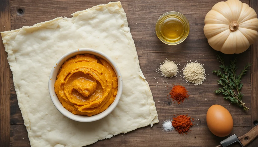 Fresh ingredients for pumpkin goat cheese tartlets including puff pastry, pumpkin puree, goat cheese, egg, and herbs.

3. Main Product Image