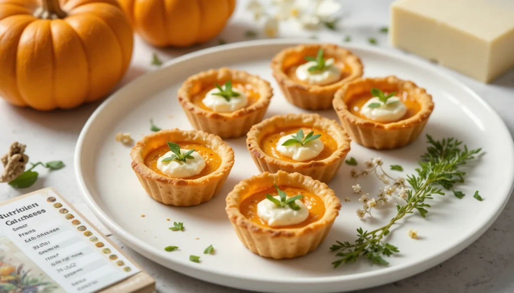 Mini pumpkin goat cheese tartlets with pumpkin, goat cheese, fresh herbs, and a nutrition card showing health benefits.