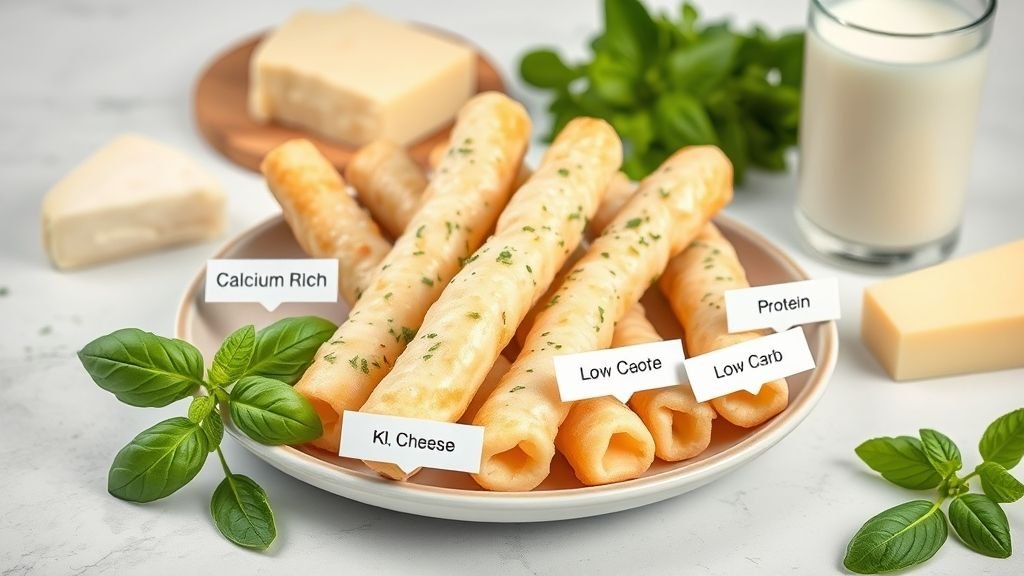 Crispy Homemade Mozzarella Sticks : Cheesy Snack Recipe 3 Visual representation of nutritional benefits of mozzarella sticks with protein and calcium sources.