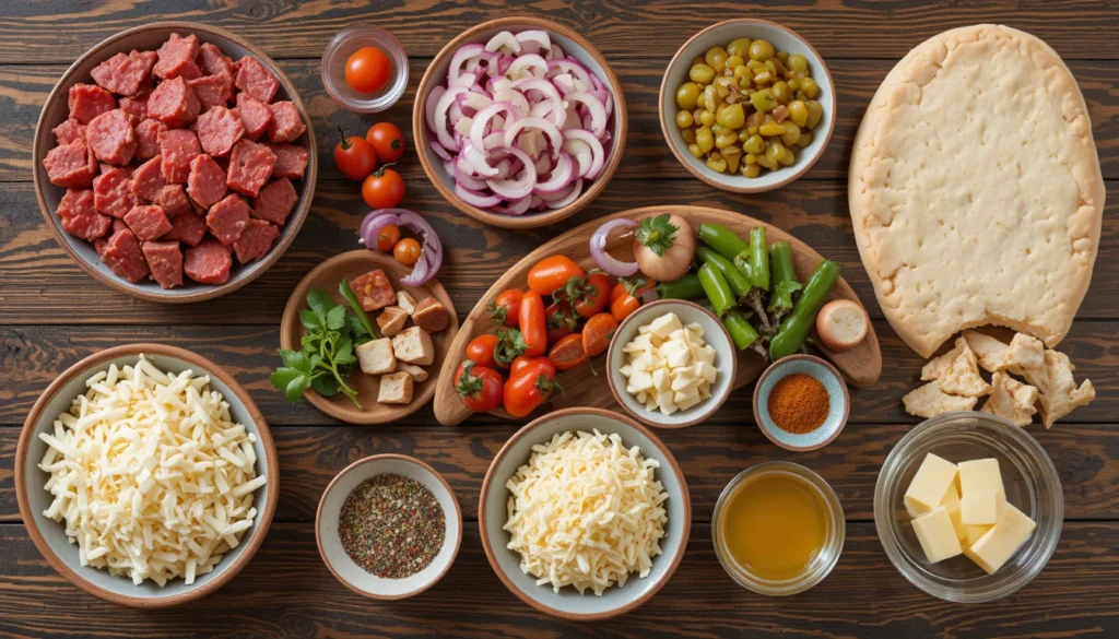 Philly Cheesesteak Breadstick Recipe – The Ultimate Cheesy Snack Twist 2 Top-down view of fresh ingredients for Philly cheesesteak breadsticks, including sliced steak, cheese, veggies, and dough.