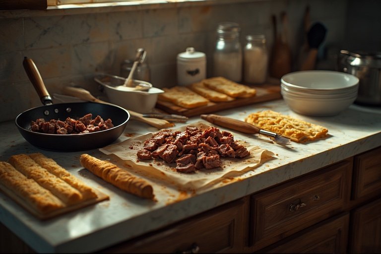Philly Cheesesteak Breadstick Recipe – The Ultimate Cheesy Snack Twist 3 Kitchen setup with essential tools for making Philly cheesesteak breadsticks, including skillet, baking sheet, rolling pin, and pastry brush.