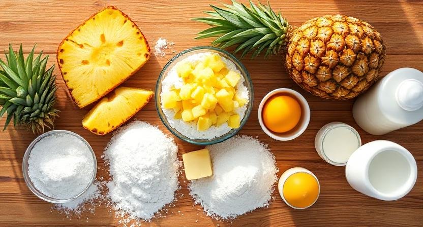 Flat lay of pineapple bread ingredients including pineapple chunks, flour, sugar, eggs, butter, baking powder, vanilla, and milk.