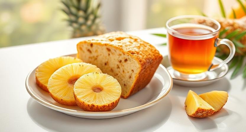 Sliced pineapple bread served with fresh pineapple wedges and tea on a ceramic plate, showing a healthy and inviting meal.