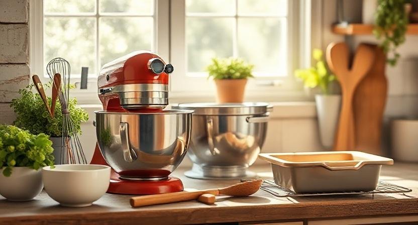 Baking tools for pineapple bread including mixing bowls, whisk, loaf pan, and cooling rack on a rustic kitchen counter.