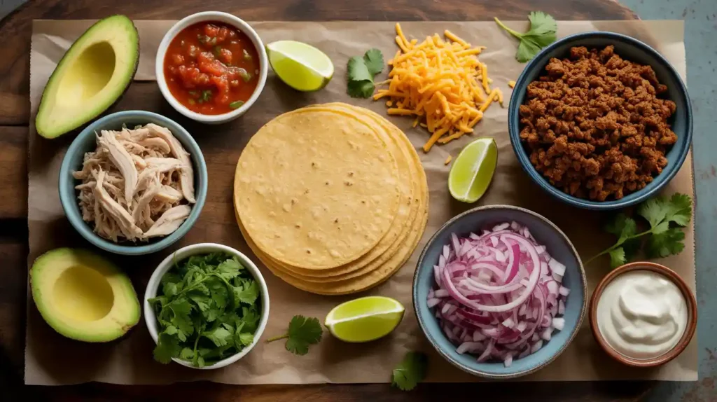 Flat lay of taco ingredients including tortillas, beef, chicken, onions, cilantro, avocado, cheese, salsa, and lime wedges.