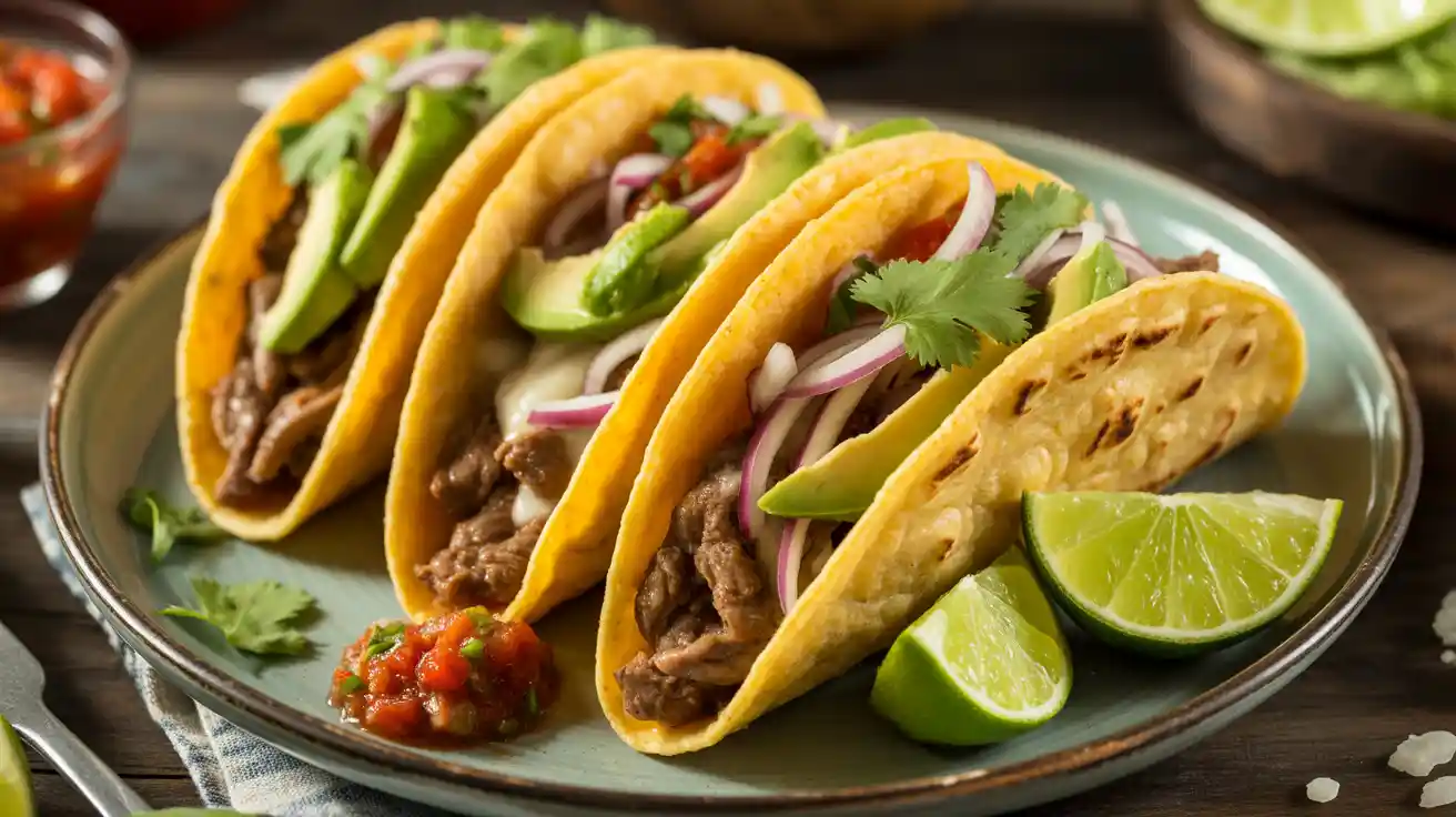 Freshly prepared tacos with beef, cheese, cilantro, avocado, and lime wedges on a rustic serving plate.