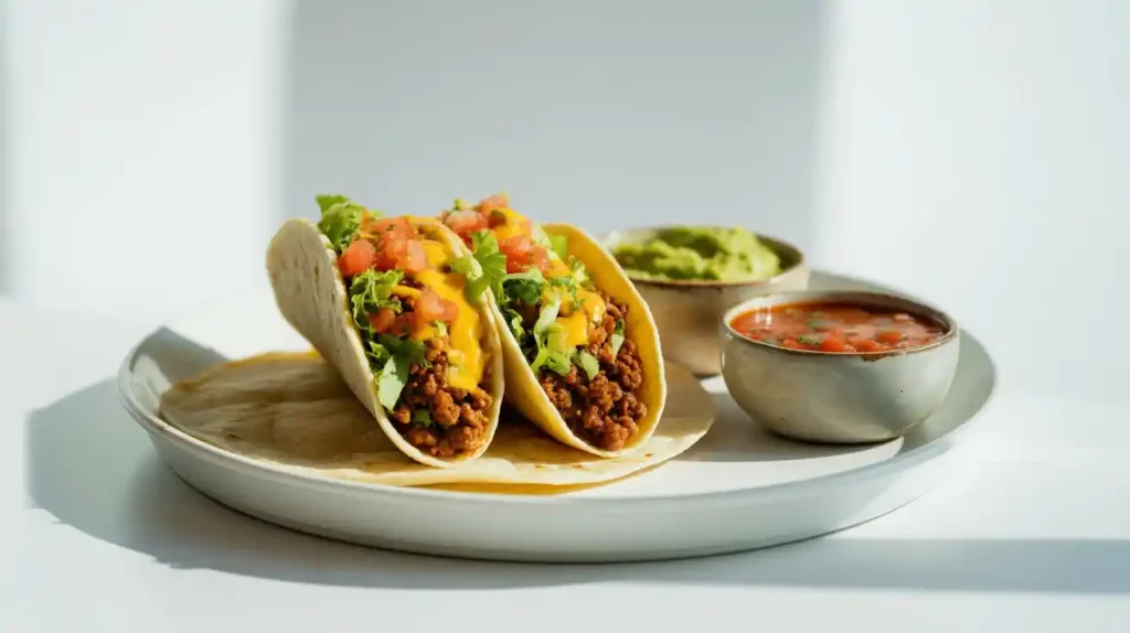 Plated tacos with one cut in half showing juicy filling, served with bowls of guacamole and salsa on the side.