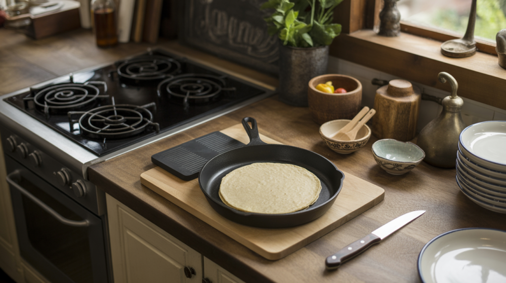 Cooking tools for making tacos including skillet, tortilla press, cutting board, and ceramic bowls on a rustic counter.