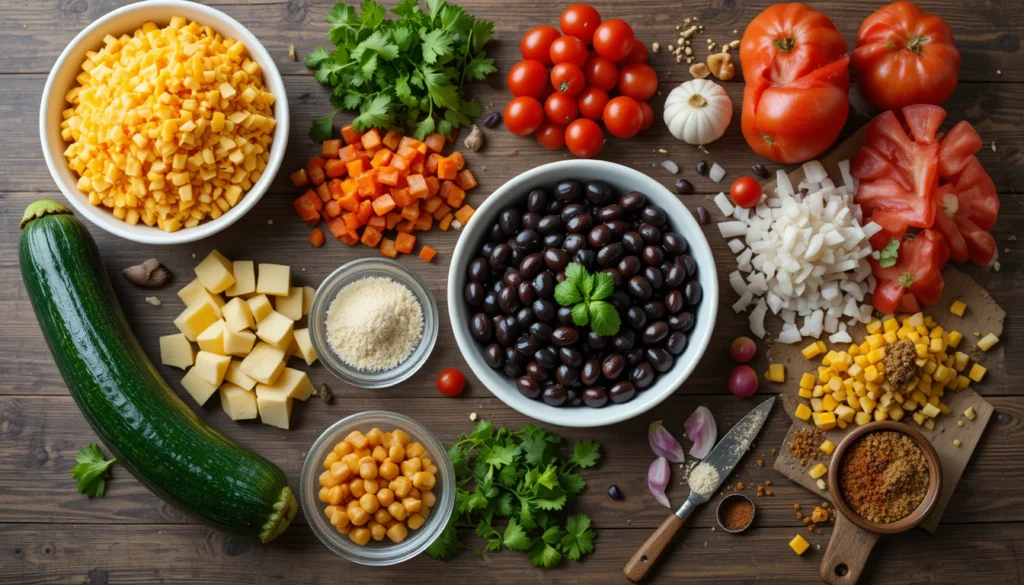 Fresh raw ingredients including zucchini, beans, corn, cheese, and spices for Tex-Mex Zucchini Bake.