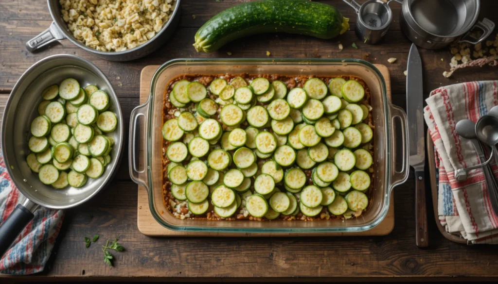 Essential kitchen tools and cookware used to prepare a Tex-Mex Zucchini Bake casserole.