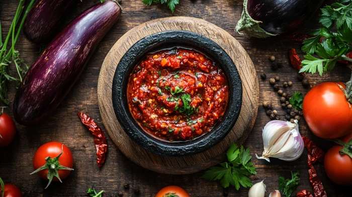Fresh roasted eggplants, peppers, tomatoes, onions, and garlic arranged around a bowl of Zacusca spread.